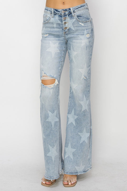 Just BE. RISEN Star Print Flare Jeans